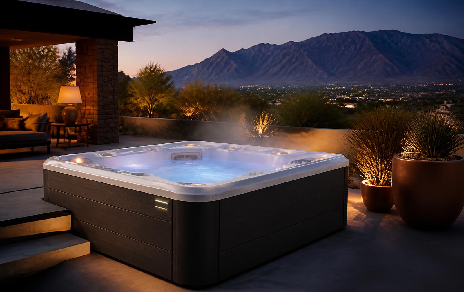 Hot tub with steaming water on a concrete pad at dusk with the Sandia mountains behind it